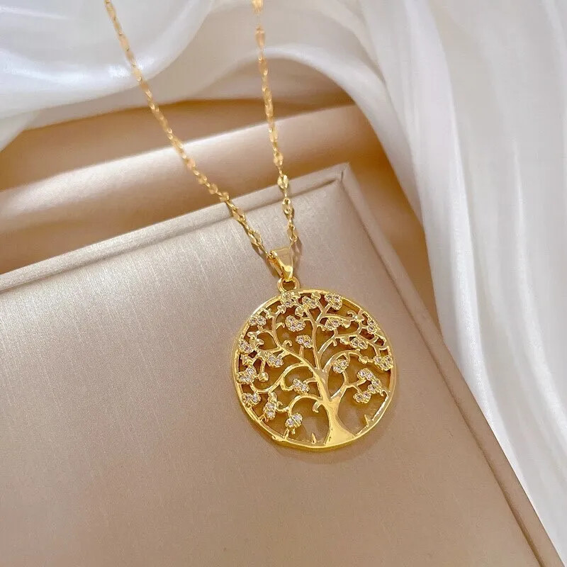 Women’s Fashion Jewelry Gold Cubic Zircon Tree Of Life Pendant Necklace 1PC