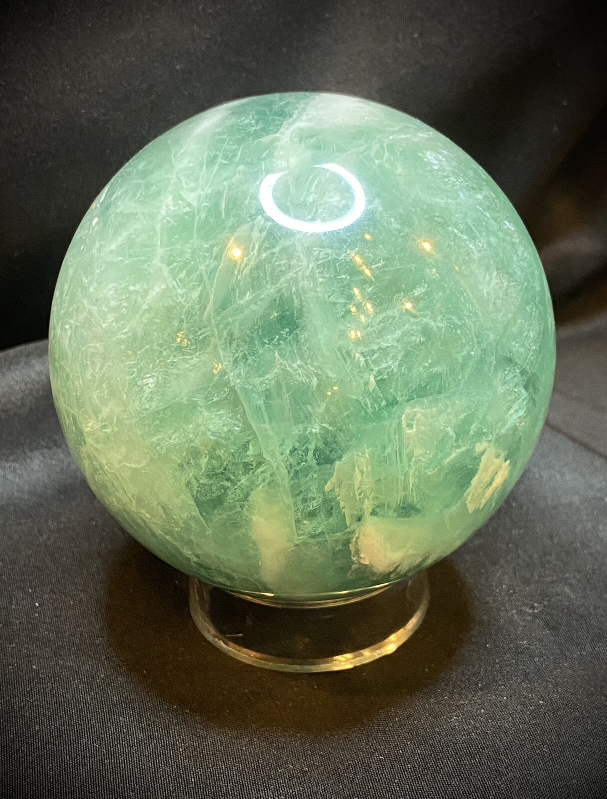 Beautiful Large Green Feather Fluorite Sphere With Stand 969 Grams