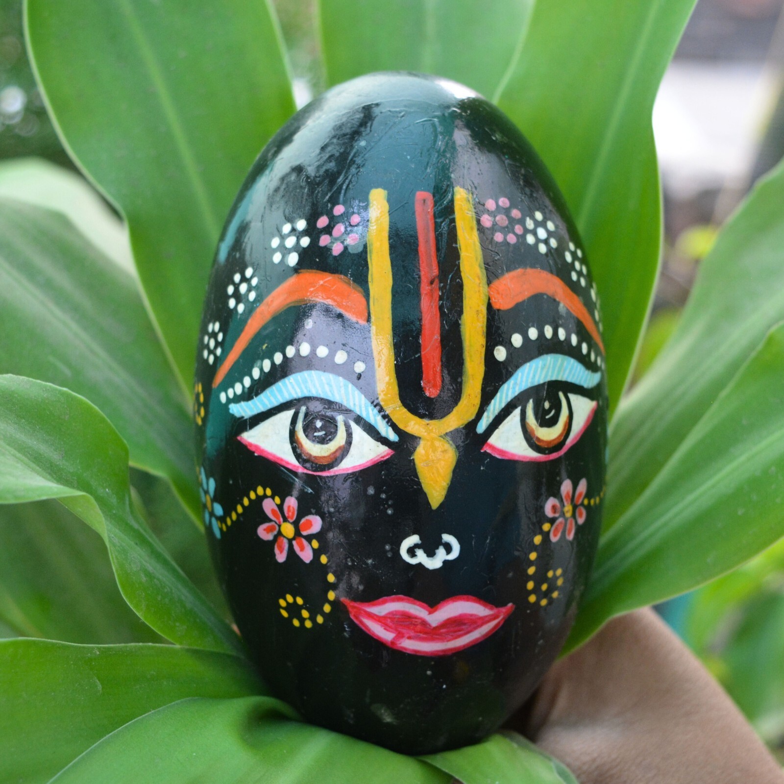 4.5 inch Rare Black Shaligram Stone | Hand Painted Laddu Gopal Face Idol