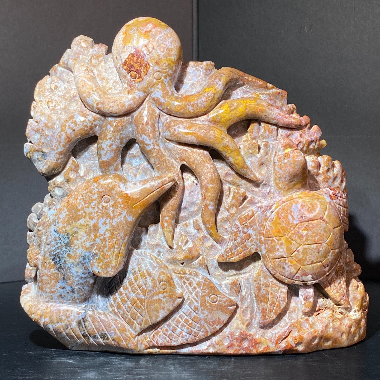 1370g Natural Ocean Jasper Underwater World Octopus Turtle Crystal Carving