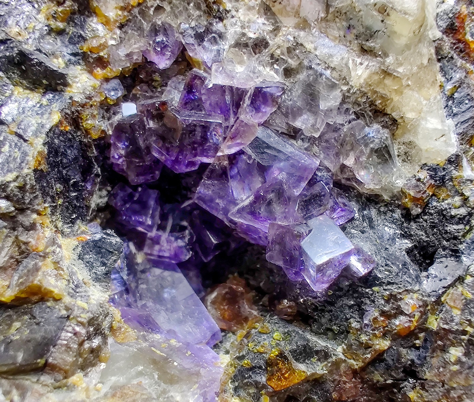 Sphalerite with Fluorite, Witherite, etc. UV. Cave in Rock, Illinois. 2.5 lbs.