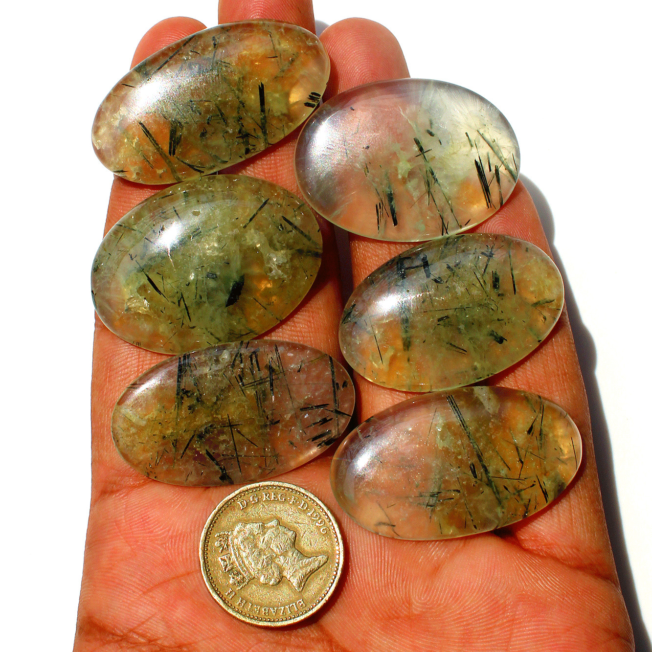 6 Pcs Natural Tourmaline Rutile In Prehnite Small Crystal Palmstones Specimen
