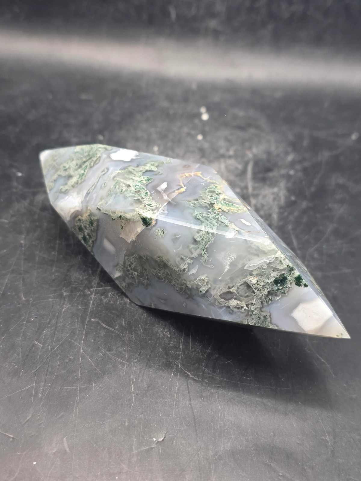 Druzy Moss agate prism! 4.6 inches long, 7 ounces