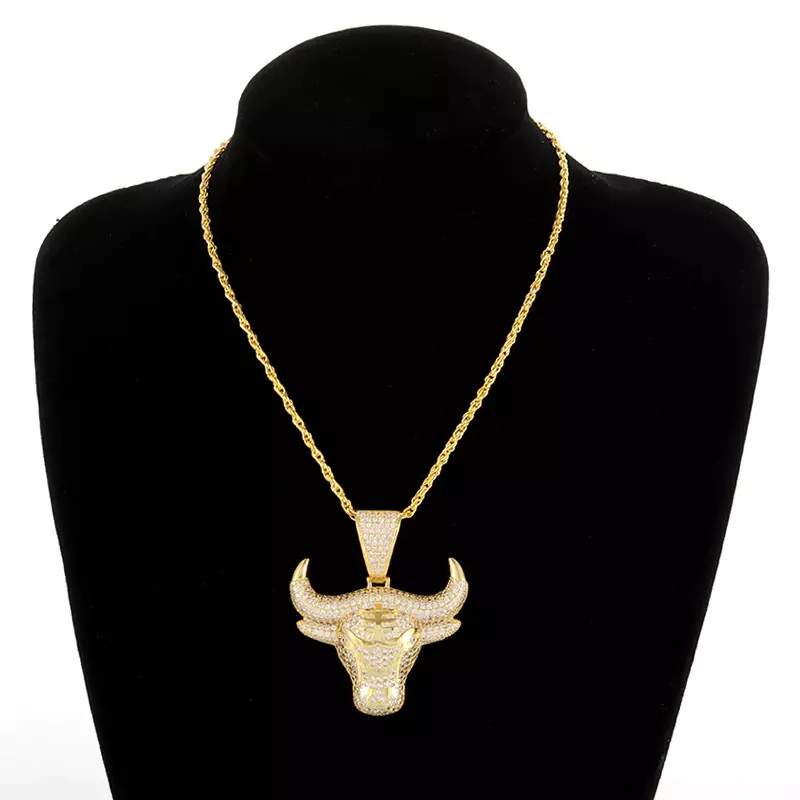 Men’s Fashion Jewelry Gold Rhinestone Bull Head Pendant Necklace