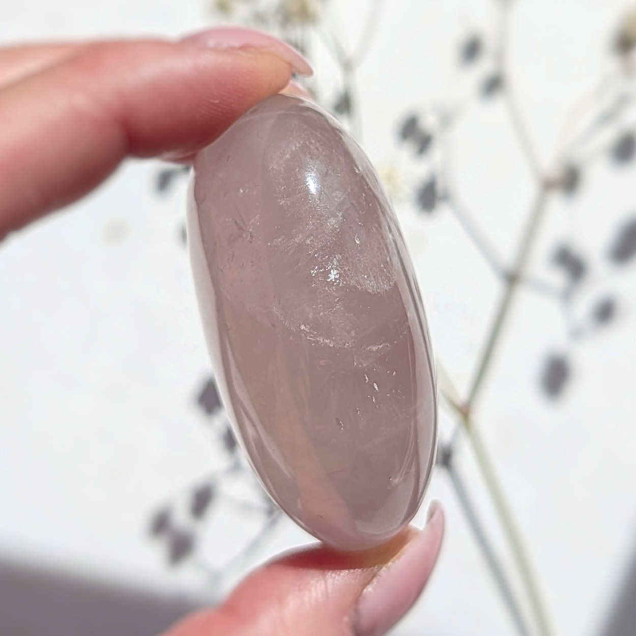 2″ shimmery rose quartz palmstone with asterism, star rose quartz palm crystal