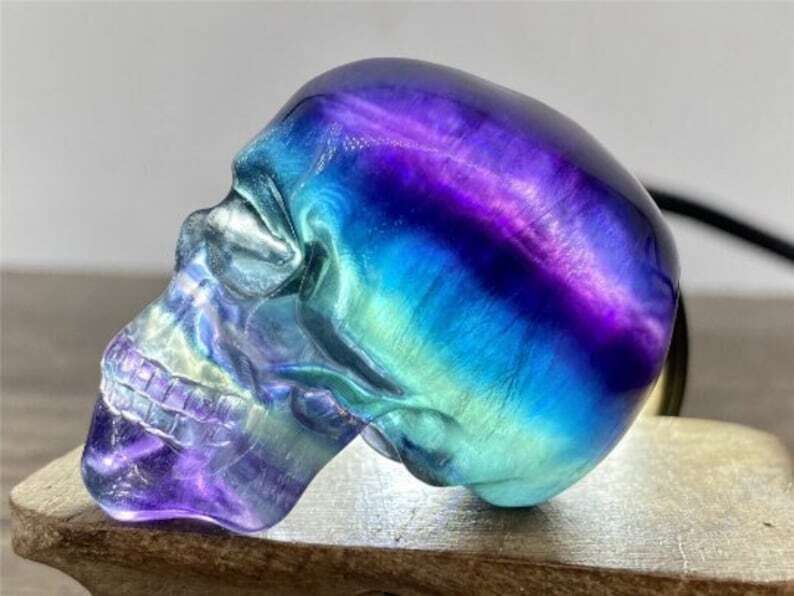 2″ Natural Rainbow Fluorite Carved Skull Reiki Crystal Skull decor gift 1PC