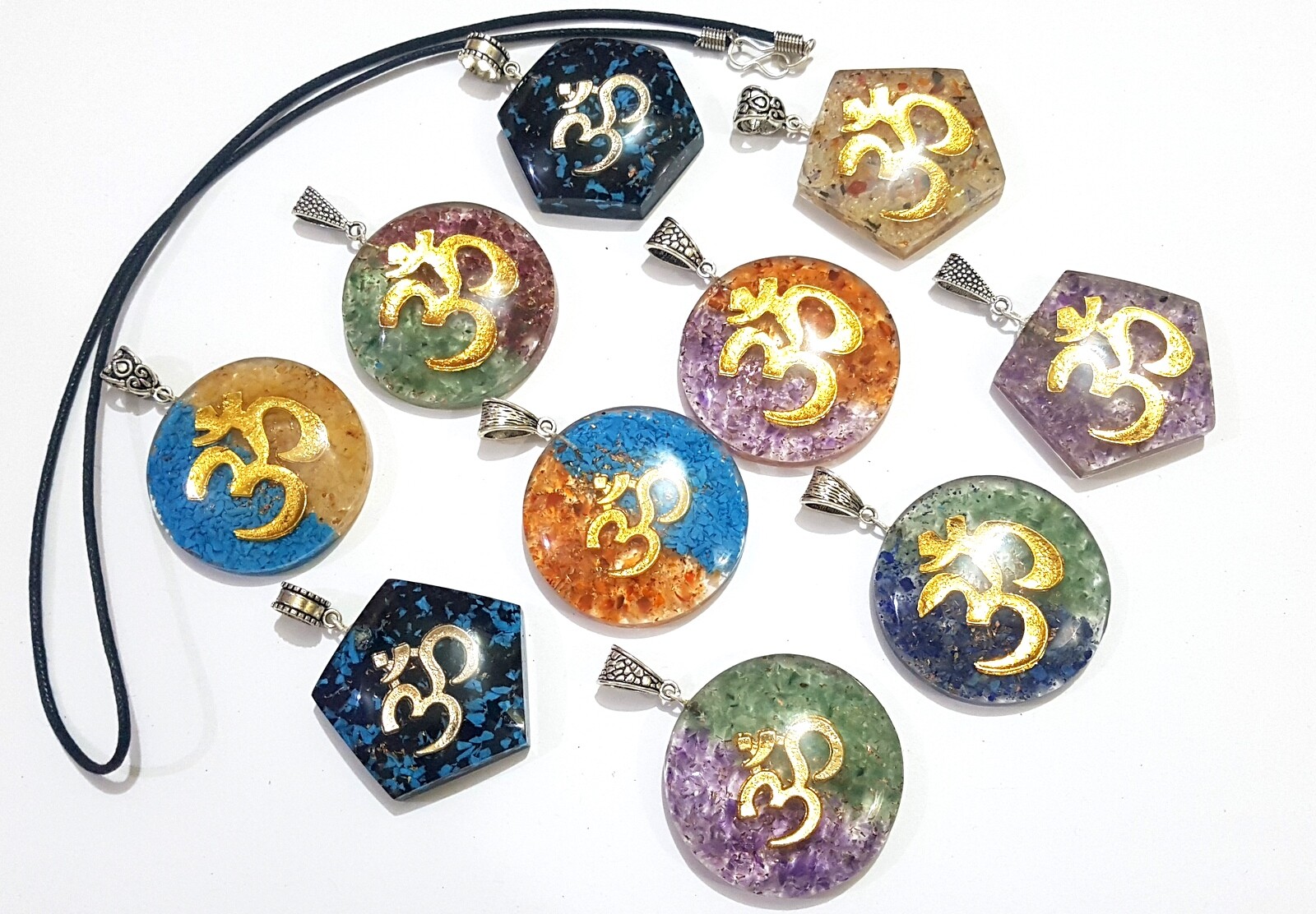 Lot of 10 Sacred Symbol Orgone Healing Pendant Chakra Stones OM Pendant