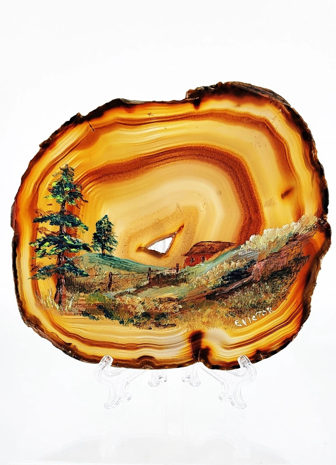 E. Victor Hand Painted Agate Slice Evergreen Countryside Fence Hillside Rooftop