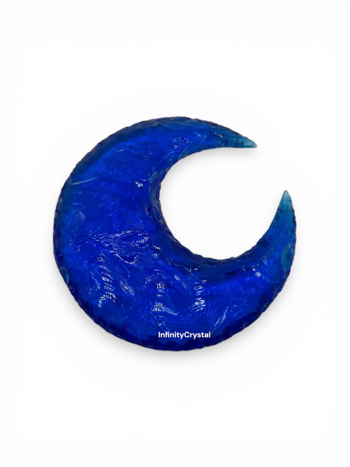 Blue Obsidian Glass Moon 4” – Hand Carved Crescent Crystal, Witchy Celestial Dec