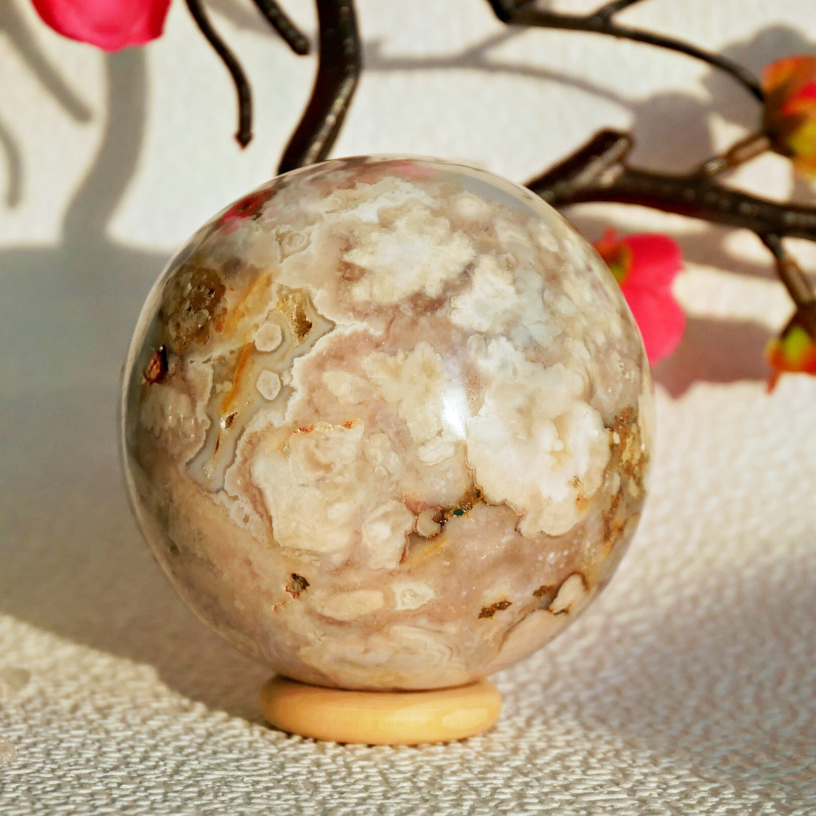 2.5″ Sakura Flower Agate Sphere Crystal Ball Natural Plume Agate Healing Stone