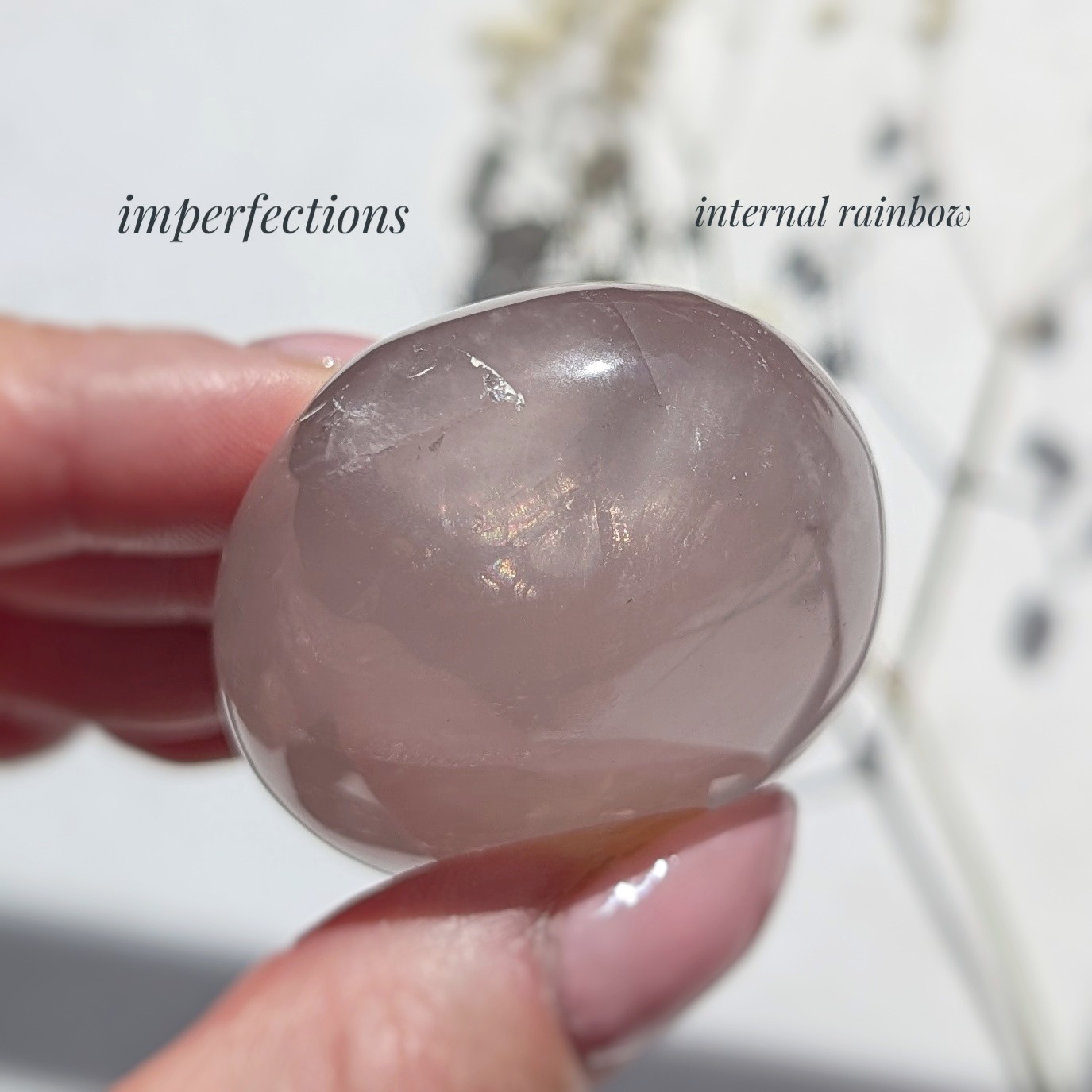 2″ shimmery rose quartz palmstone with asterism, star rose quartz palm crystal