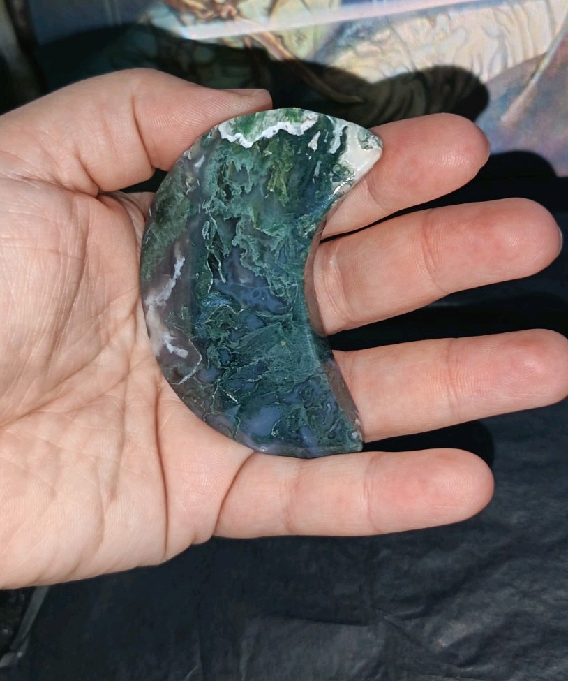 Large Moss Agate Crystal Moon Carving 6-7cm