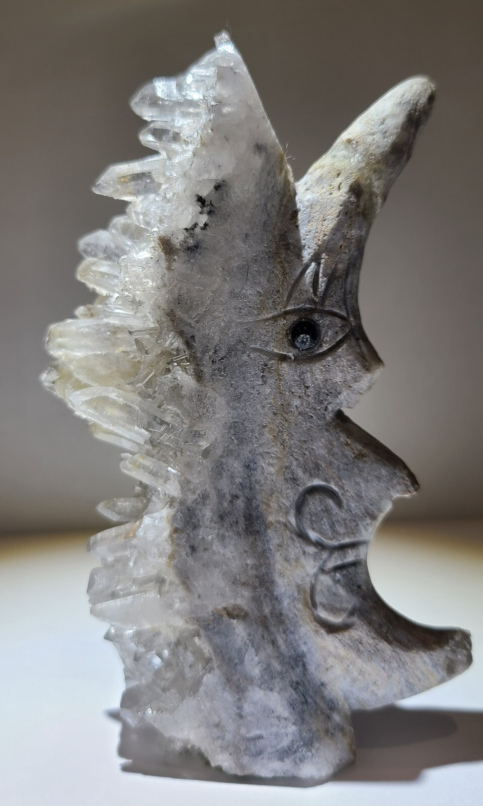 Natural Cluster Quartz Crystal Mineral Sculpture Hand Carved, Man in the Moon