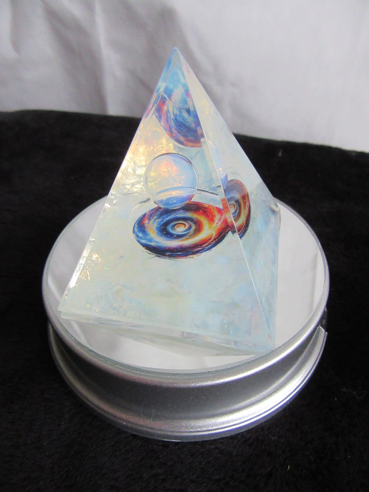 Orgone Pyramid (2) white w/color cntr & 1 white pearl cntr 1 color lighted base.