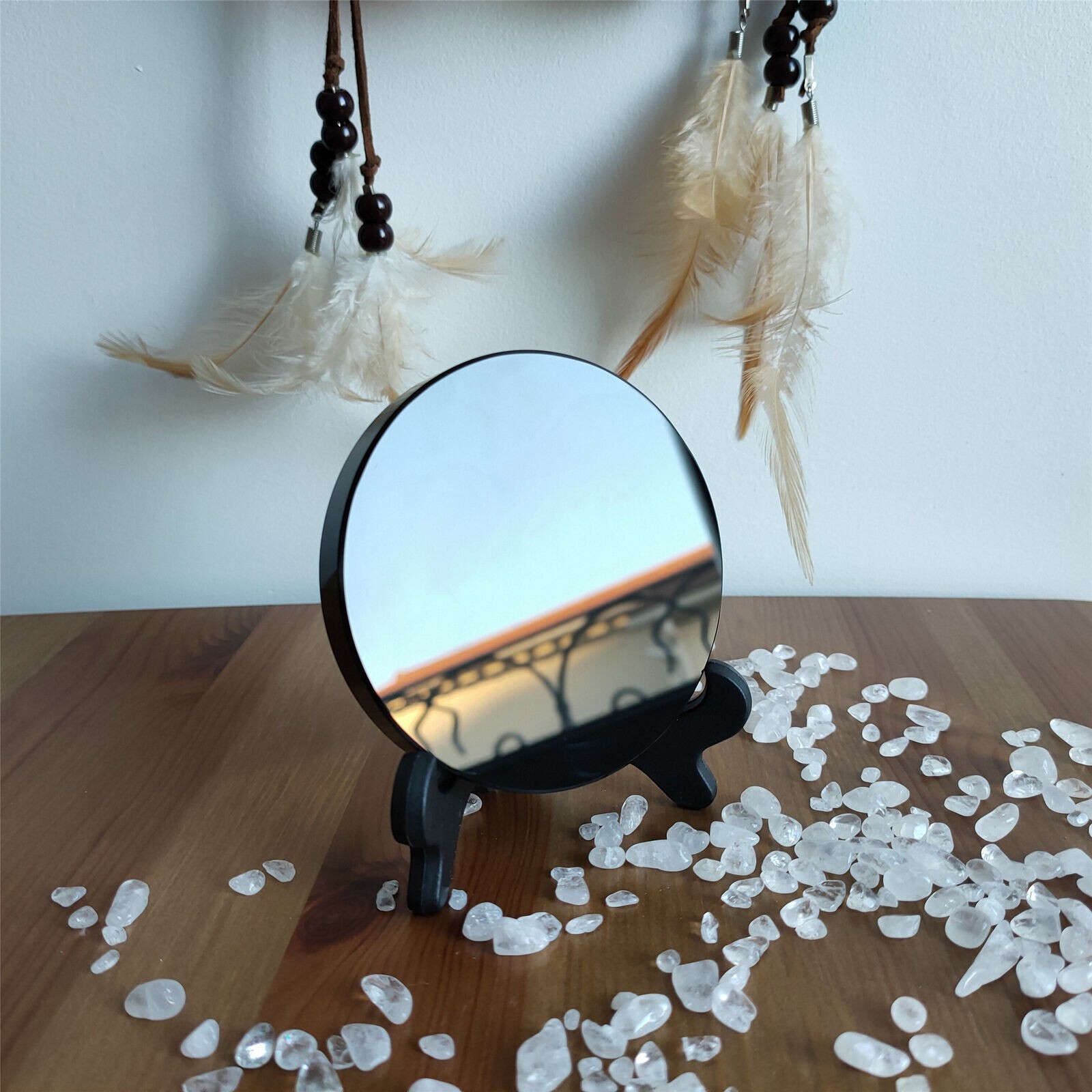 Natural Obsidian Mirror Witch Mirror Scrying Plate Home Decoration with Stand