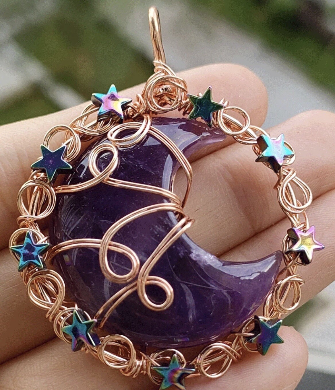 (1) Amethyst Gems Moon & Star Pendant, Magic , Reiki Healing ,Chakra Amulet