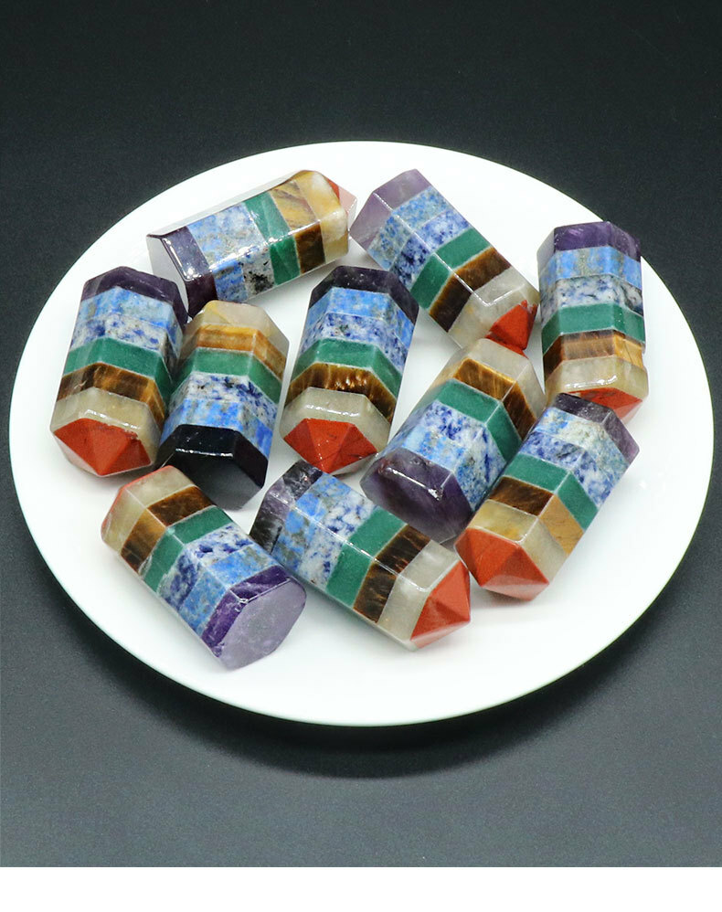 Natural Seven Chakra Stone Carving Healing Meditation Hexagonal Column Ornament