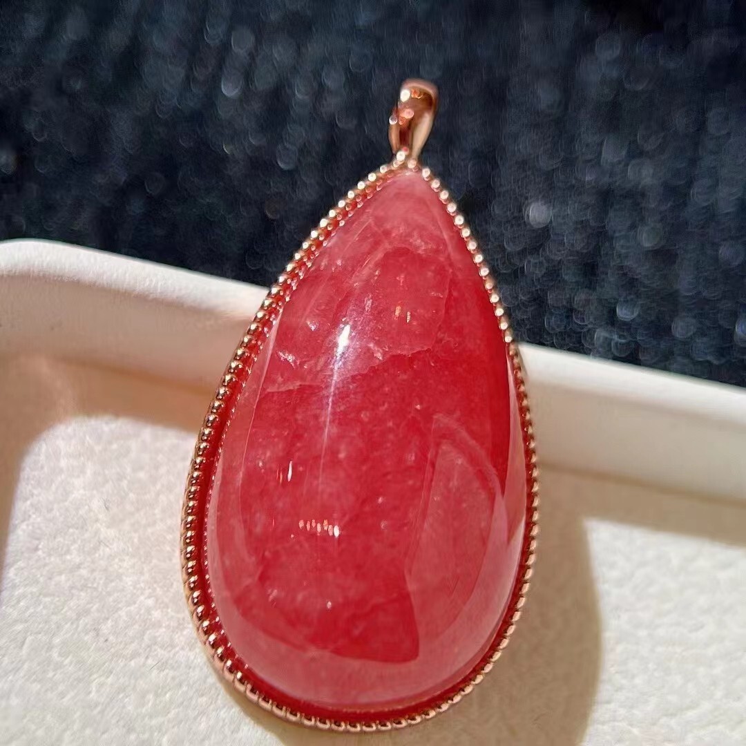 Natural Ice Rose Rhodochrosite Gemstone Love Woman Pendant AAAA 41*22mm18K