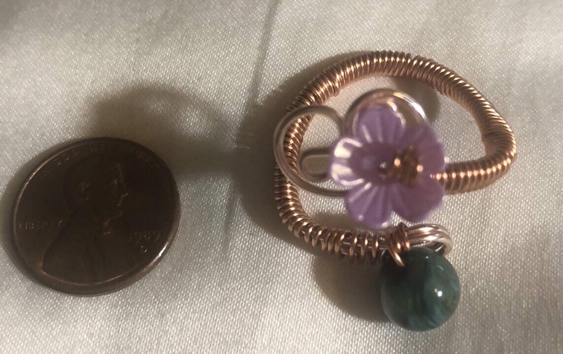 Crystal Galaxy Tigers Eye Copper Wired Adjustable Ring with Resin Flower