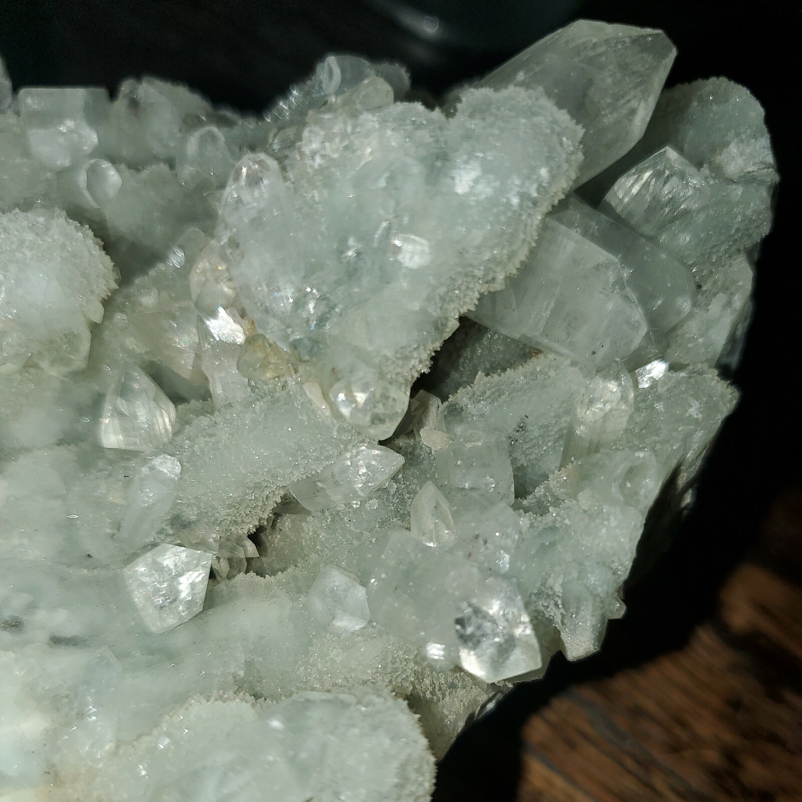 Apophylite and Calcite on Blue Chalcedony. Approx 1lb 8.1oz, 6in x 4in x 3.5in