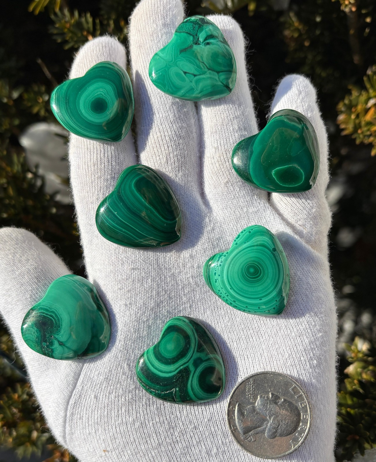 USA SALE 67g LOT 7 MALACHITE POLISHED SMALL HEARTS HEART POCKET PALMSTONE PALM
