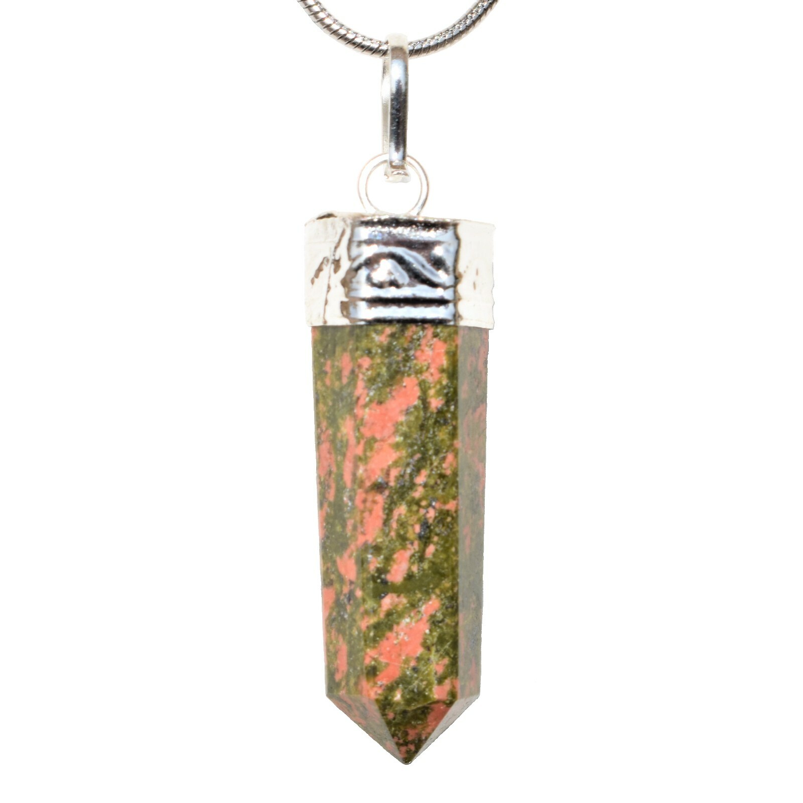 Charged Unakite Pencil Point Pendant + 20″ Stainless Steel Chain + Heart Charger