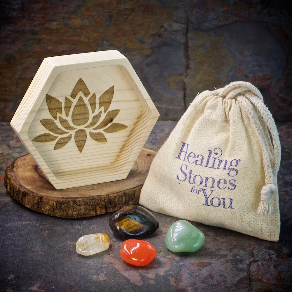 Healing Stones for You: Attract Abundance Crystal Intention Set with Wood Dish