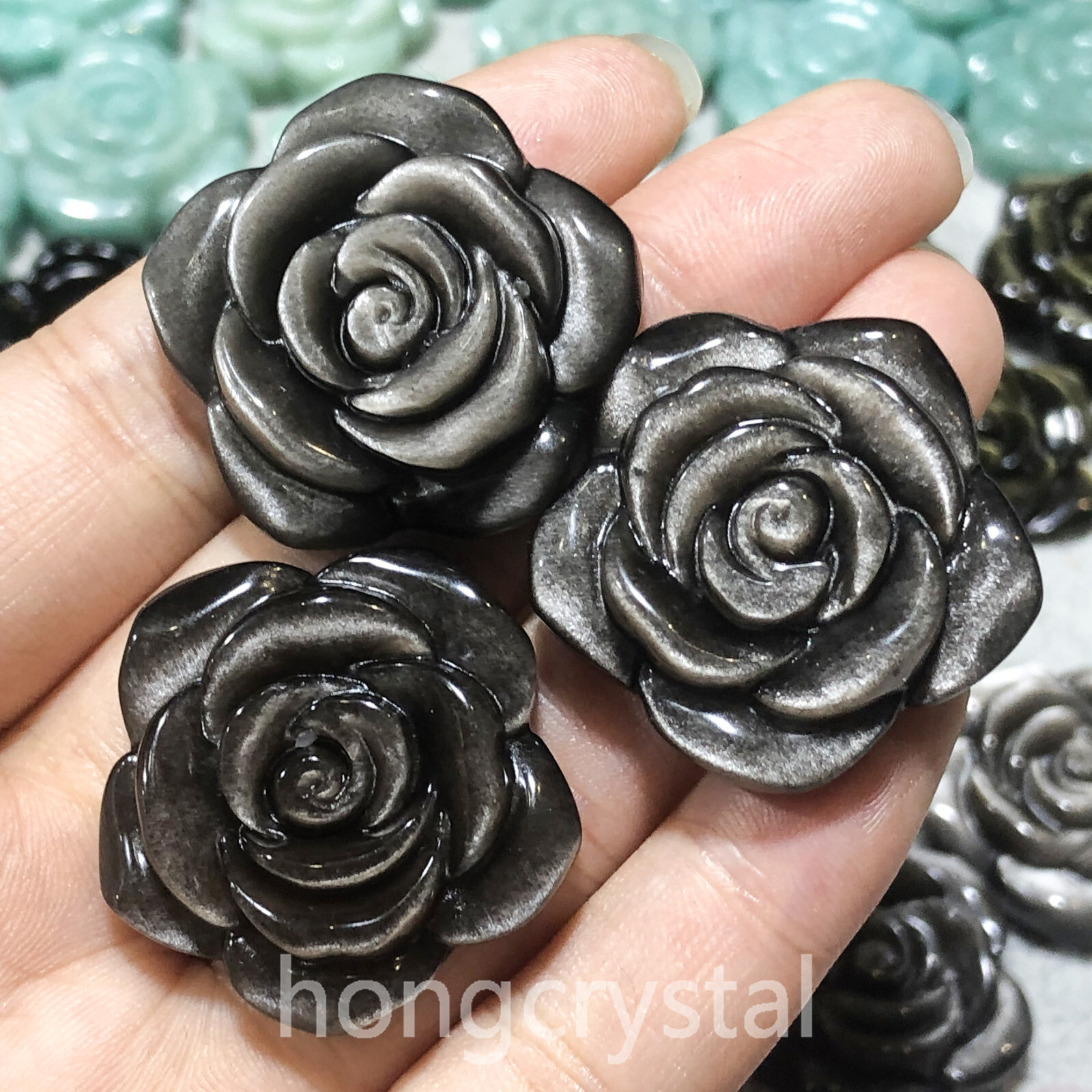 1PC Natural Silver obsidian Quartz Crystal Carved Flower Skull Reiki Healing