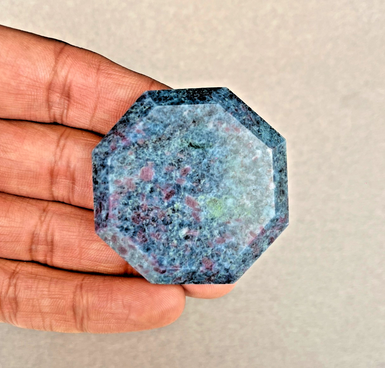 Ruby Kyanite Palm Stone UV Reactive Fluorescent Crystal Octagon 48mm