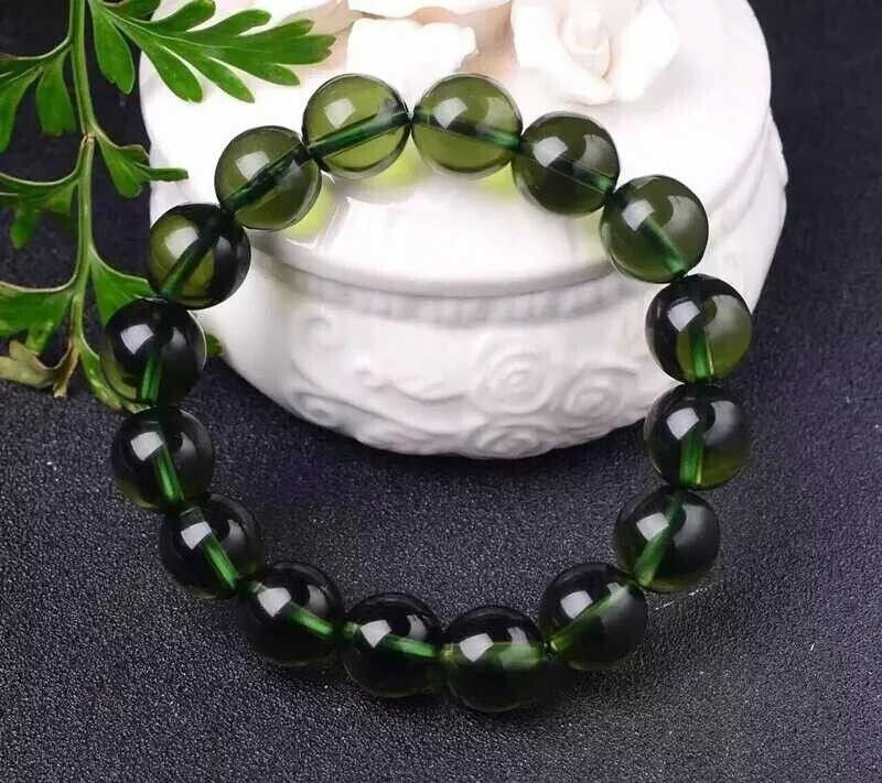 Natural Moldavite Green Aerolites Czech Crystal Stone Grinding Bead Bracelet
