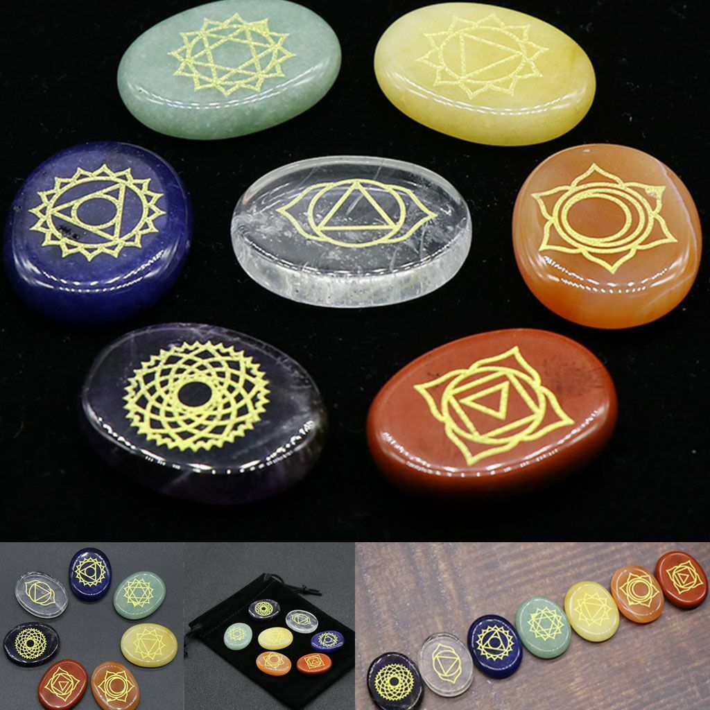 Healing 7Pcs Chakra Engraved Symbols Crystal Palm Worry Stones Set Reiki Energy