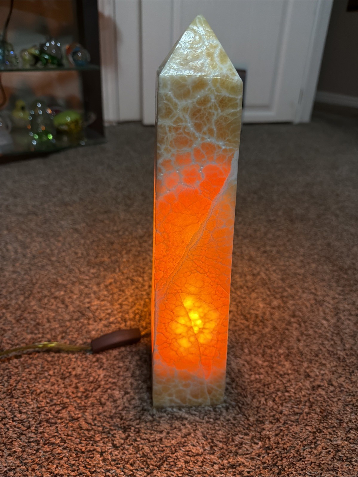 Natural Banded Orange Calcite Quartz Crystal Stone Tower Obelisk Wand Point Lamp