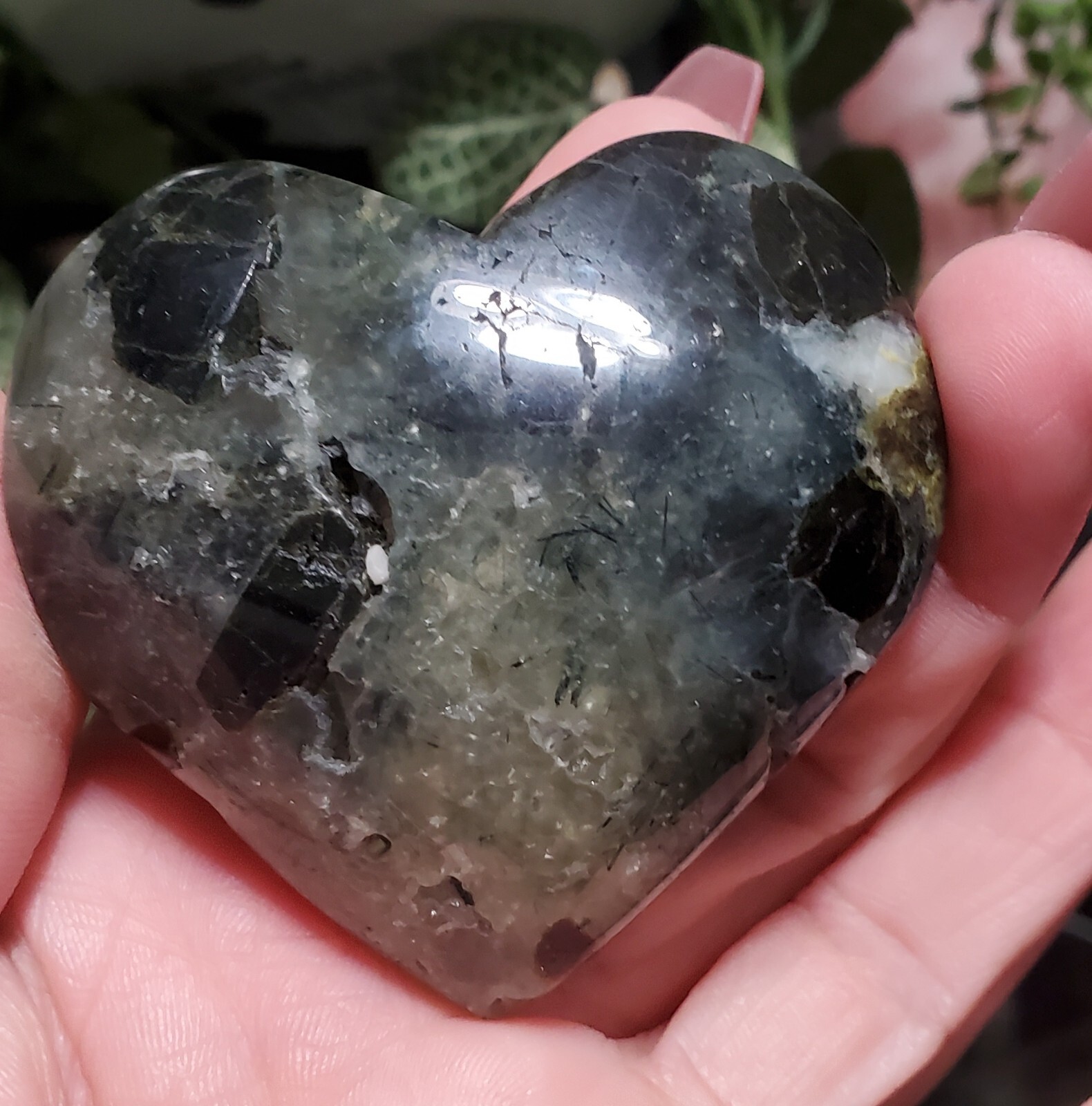 Prehnite With Epidot 2.24″ H Crystal Heart Palm Stone 1pc