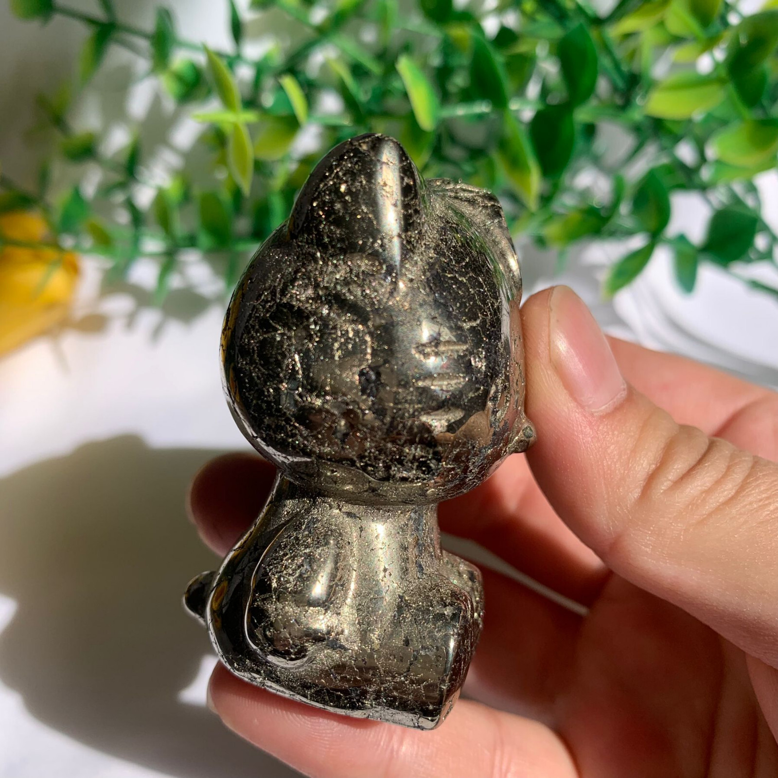 213g Pyrite Stone Hello Kitty Cat Carving Quartz Crystal Specimen Polished