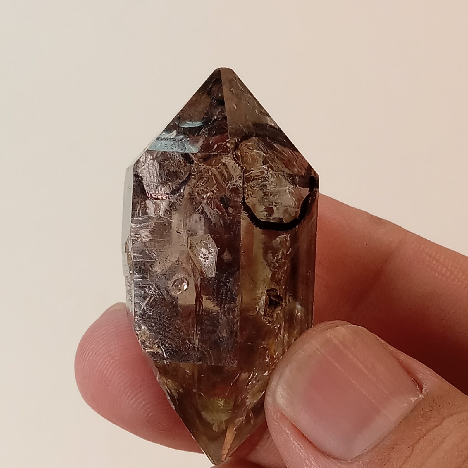 Raw Smoky Enhydro Quartz Double Terminated Crystal with Moving Carbon Sand