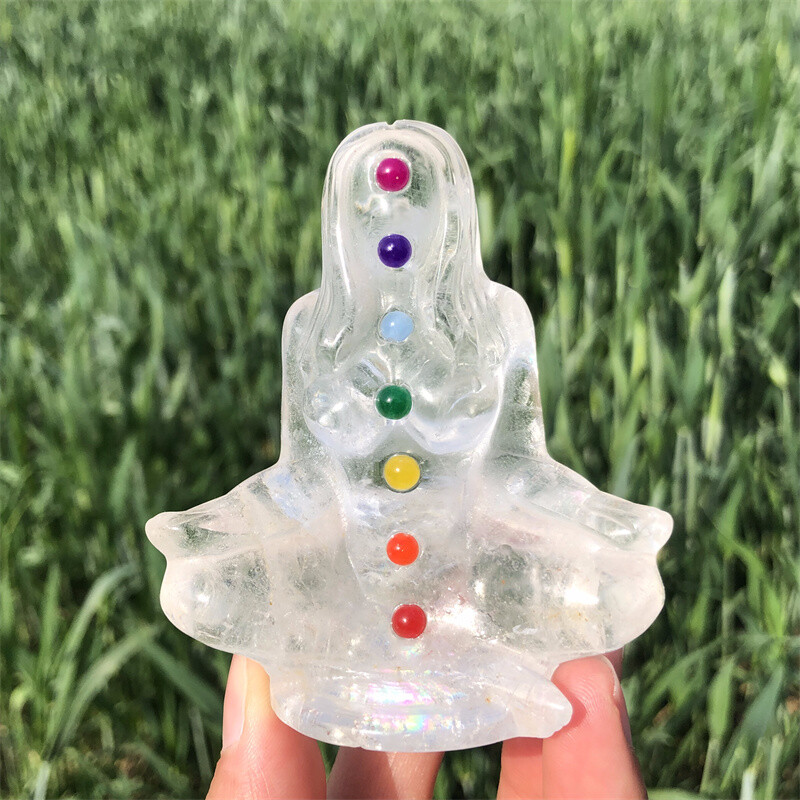 1pc Natural Clear quartz Seven chakras Skull Quartz Crystal Carved Goddess Heal