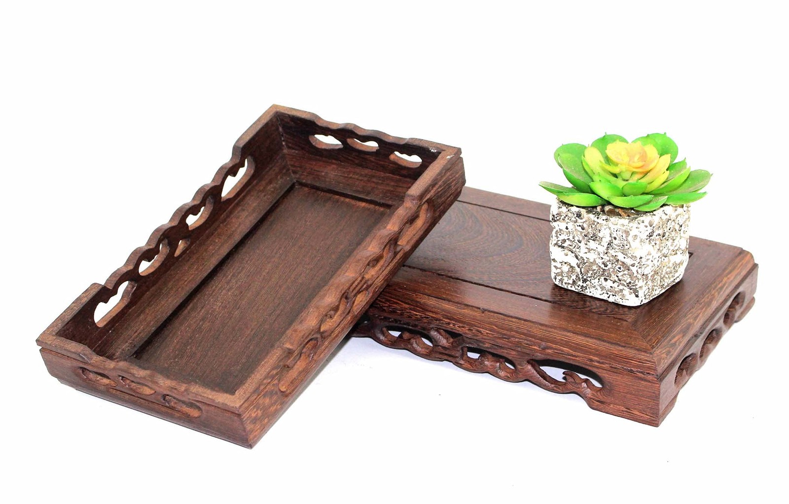 Rectangular Wooden Base Solid Wood Carved Teapot Pot Plant Table Lamp Fish Ta…