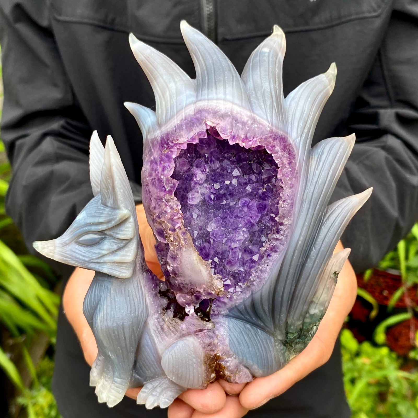 1.49LB Natural Agate Geode Hand Carved Nine-tailed Fox Quartz Crystal Decor