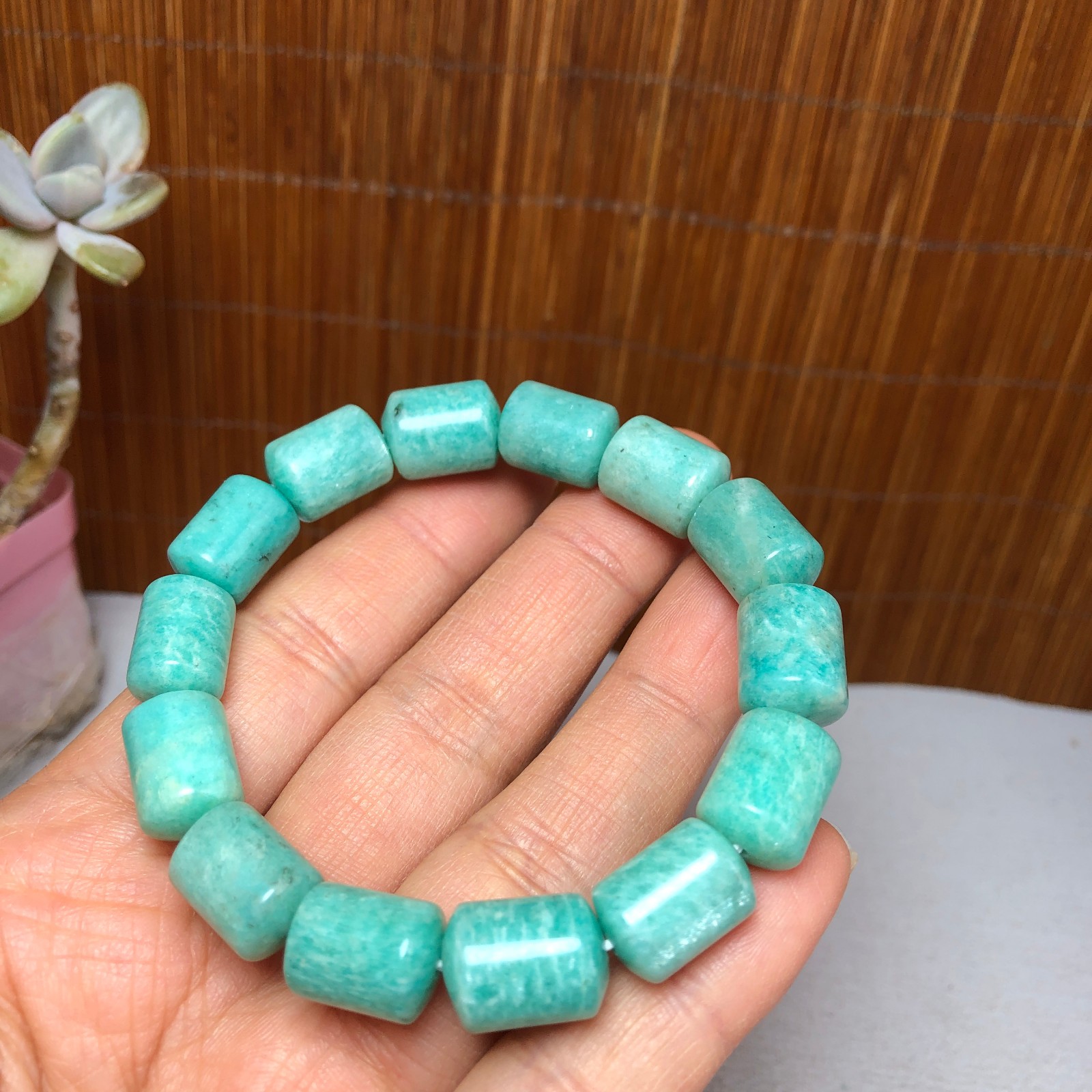 Natural amazon stone Bracelet Brown Gemstone Stretch Bucket bead Handmade A3700