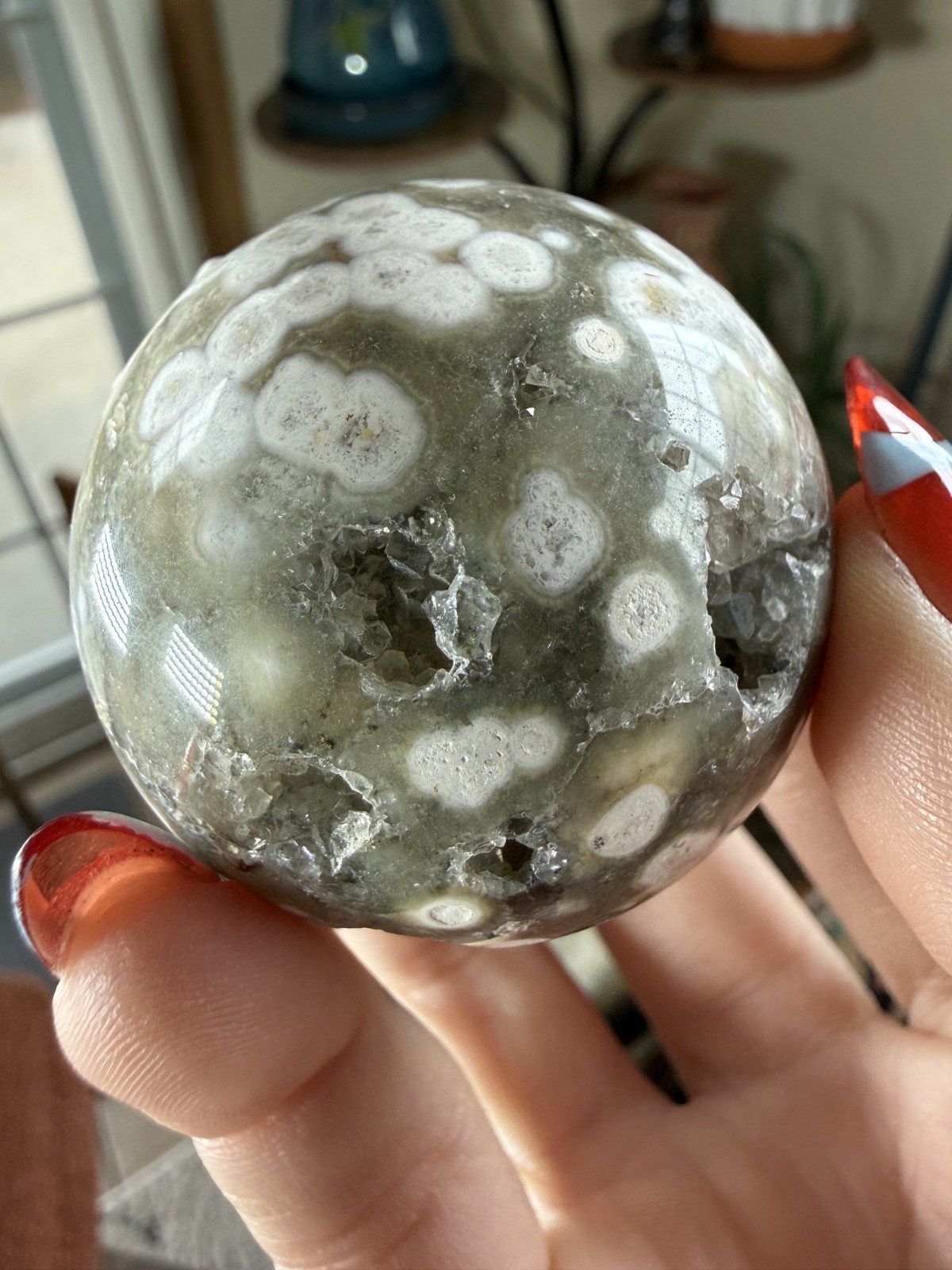 8th Vein Ocean Jasper Sphere – Druzy Caves – Green & White Orbs – 4.34 oz