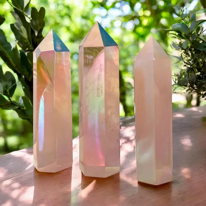 Rainbow Aura Rose Quartz Tower Point Hexagon Wand Obelisk Healing Stone Decor