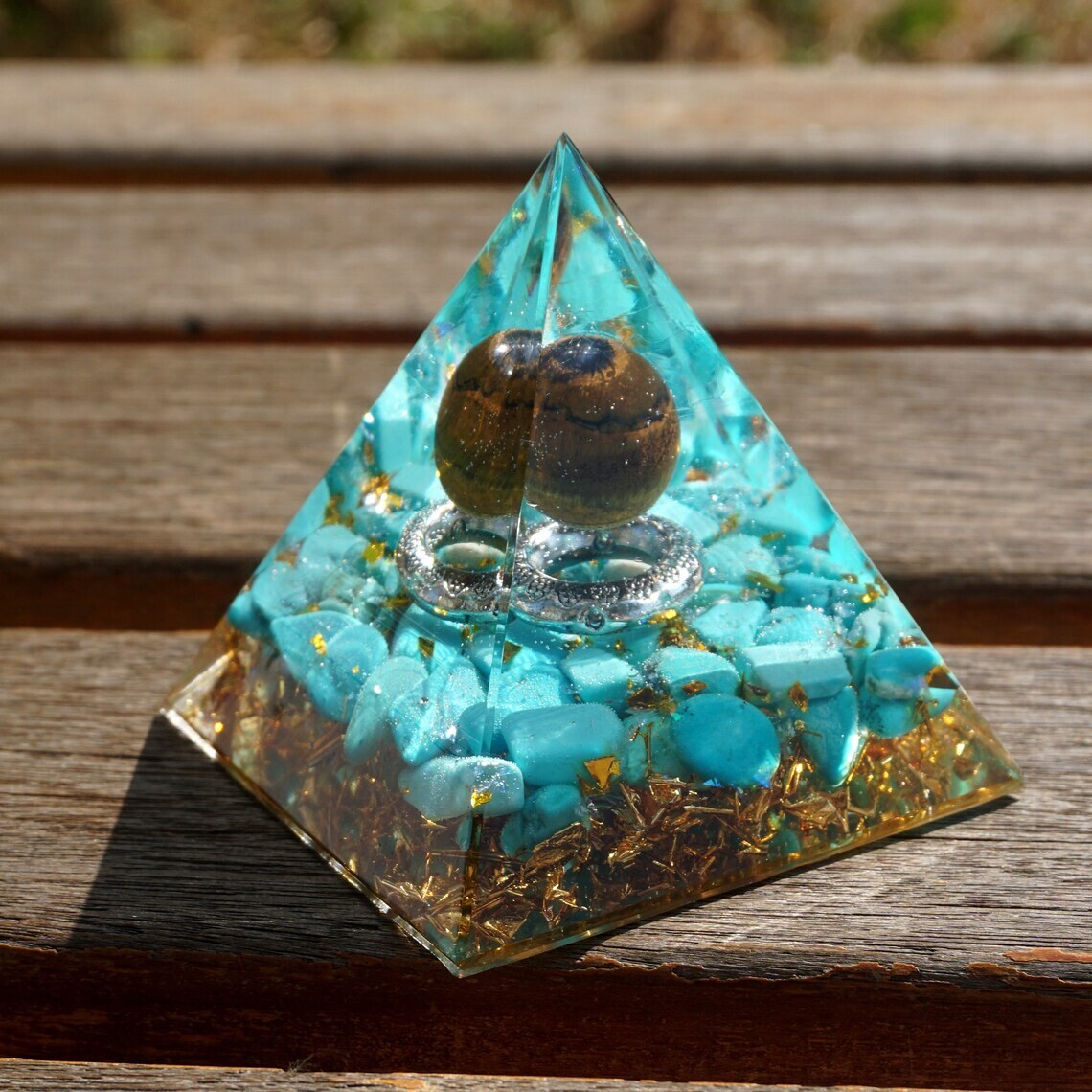 Fantasy magic Tiger’s Eye Sphere Turquoise Orgone Crystal Pyramid Orgonite
