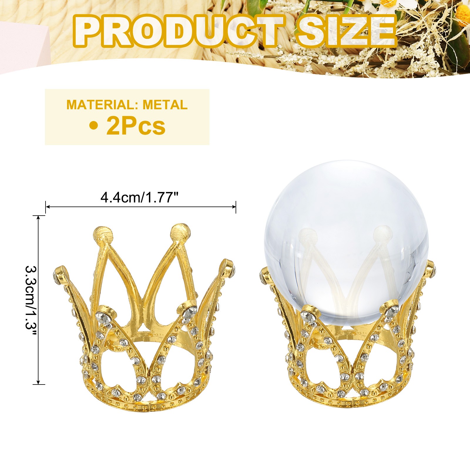 2pcs 1.7″ Dia Metal Crystal Sphere Holder Crystal Ball Crown Stand Gold