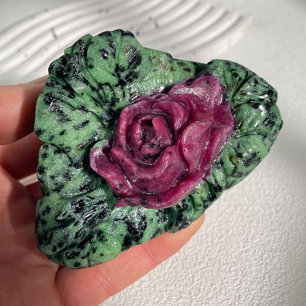 Natural Ruby in Zoisite Hand Carved Rose Flower Crystal Reiki Healing Stone 427g