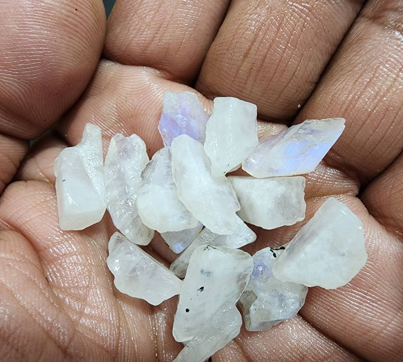 🌙 16pcs White Rainbow Moonstone Rough – Natural Gemstones 13–20mm, Blue Flash