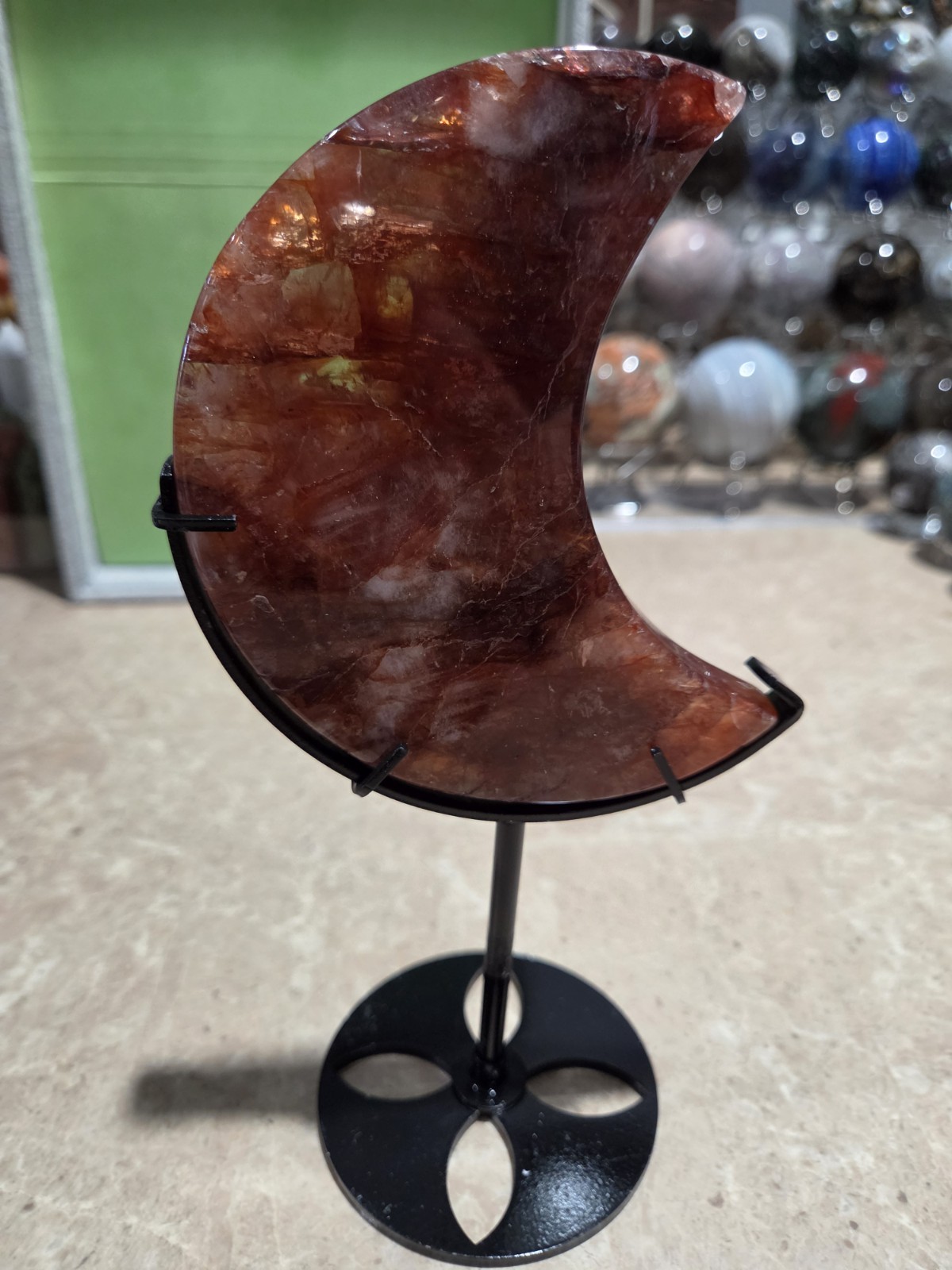 Crystal Fire Quartz Moon Carving On Metal Stand