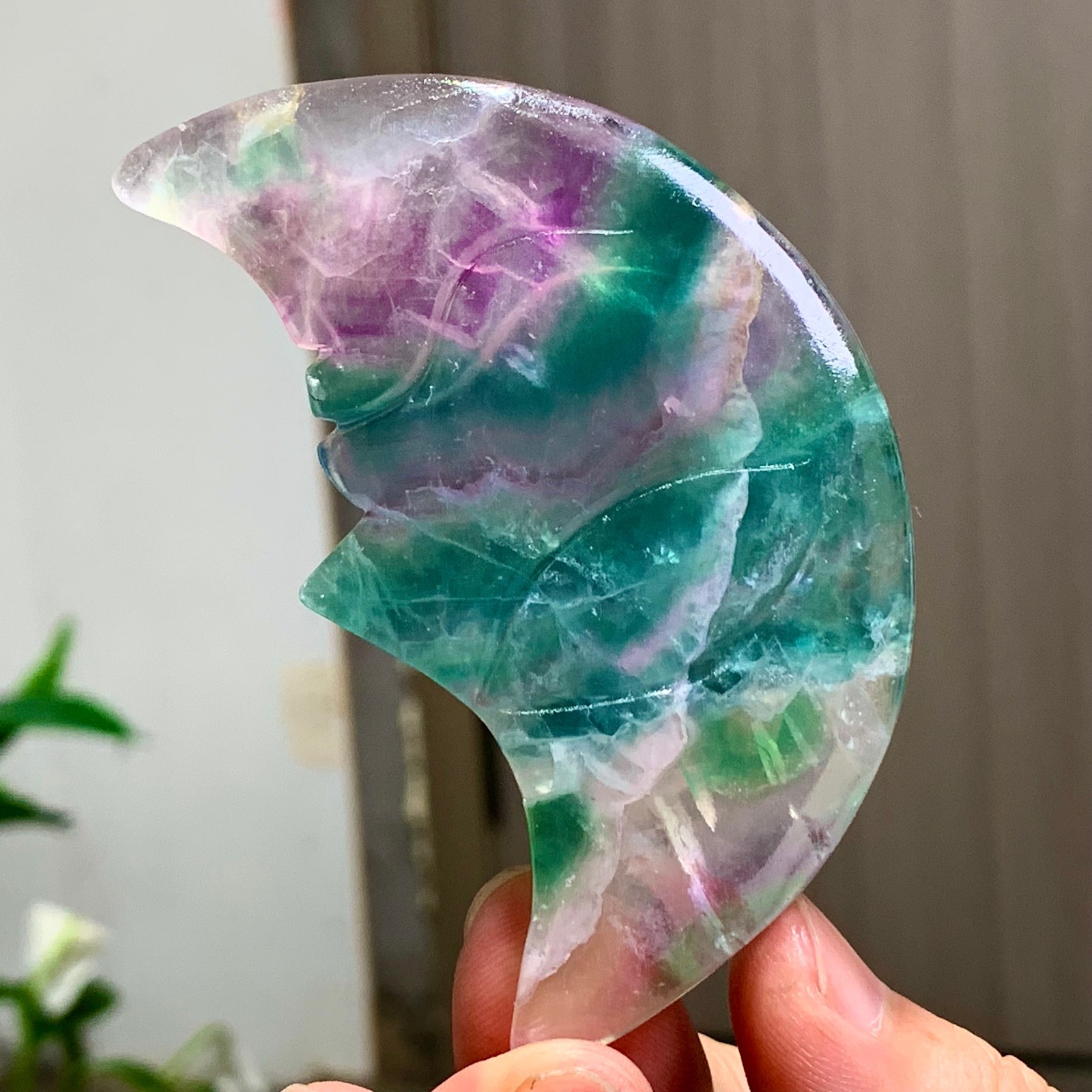 65G Rare colored fluorite crystal, hand carved moon mineral, polished