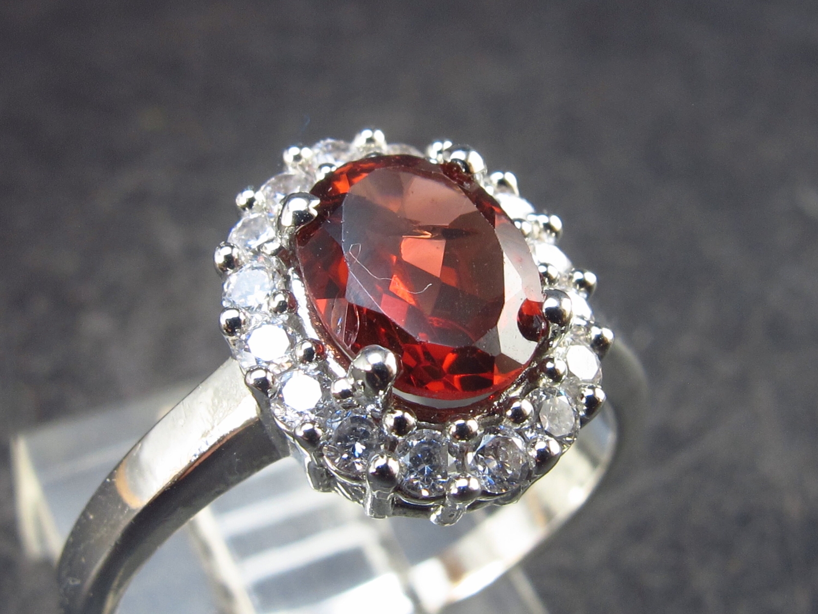 Red Garnet Rhodium Plated Sterling Silver Ring with CZ – Size 7 – 2.90 Grams