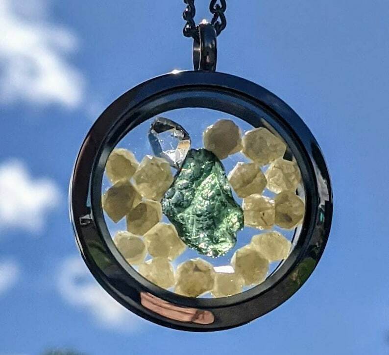 Moldavite & Herkimer Diamond Pendant / Rhodizite Crystals / Locket Necklace