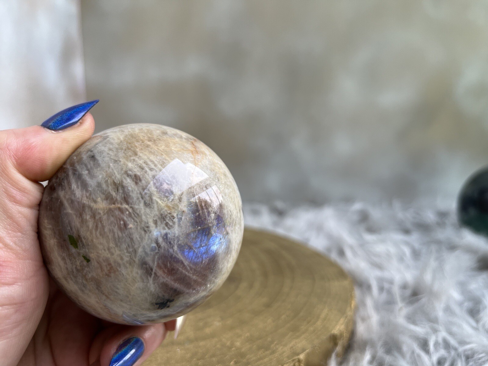 Flashy Blue, Belomorite Sun in Moonstone Sphere